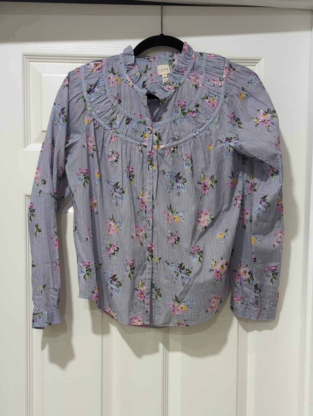 Rebecca Taylor Light Blue Floral Ruffle Yoke Blouse